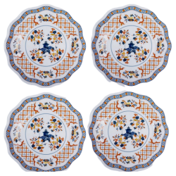 Set of 4 pagoda and floral melamine dinner plates (orange and blue)
