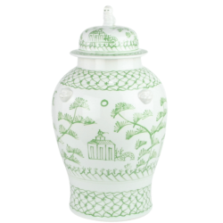 Spectacular large green village scene ginger jar