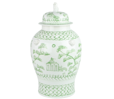 Spectacular large green village scene ginger jar