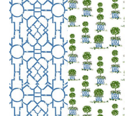 Reversible blue/green topiary with blue trellis gift wrap