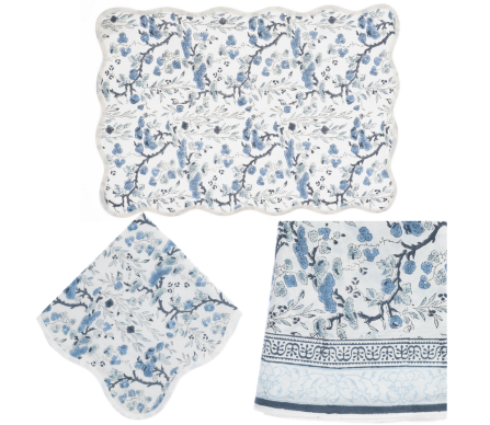 Beautiful blues all over floral hand blocked linens