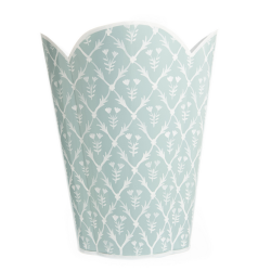 Gorgeous pale blue/white floral block print scalloped wastepaper basket