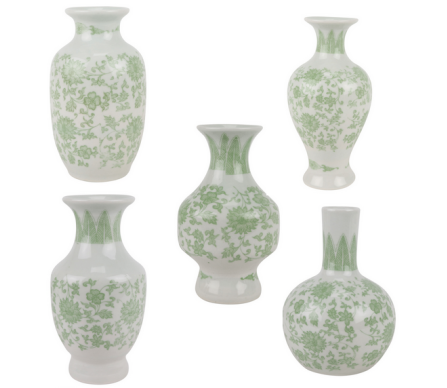 Chic new set of 5 mini bud vases (green/white)
