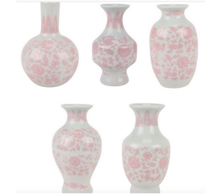 Chic new set of 5 mini bud vases (pink/white)