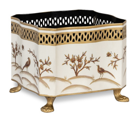 Small chinoiserie and pierced metal planter in ivory/gold