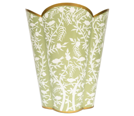 Beautiful scalloped green chionoiserie waste paper basket