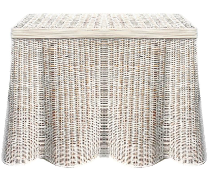 Fabulous new whitewashed scalloped wicker console table 
