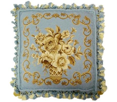 Beautiful wedgewood blue and gold floral needlepoint pillow