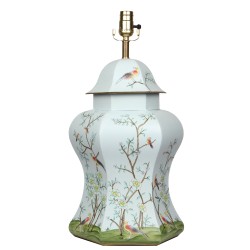 Spectacular scalloped lamp with all over chinoiserie scene in a pale powdery pale blue