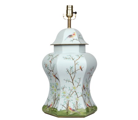 Spectacular scalloped lamp with all over chinoiserie scene in a pale powdery pale blue