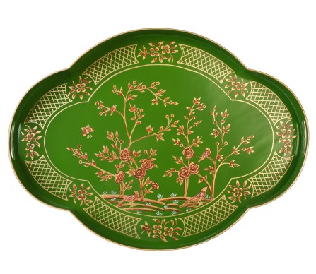 Incredible chinoiserie mossy green/gold scalloped tray
