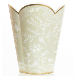Gorgeous new soft celadon/white chinoiserie scalloped wastepaper basket