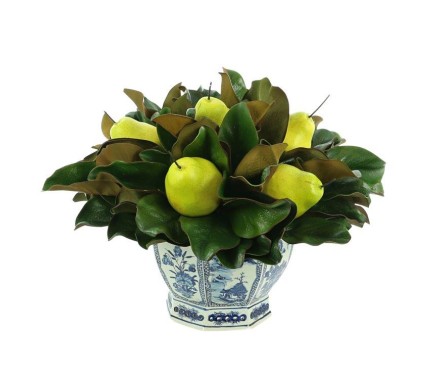 Gorgeous pear and magnolia midsized arrangement in blue/white pierced planter