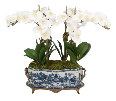 Incredible large scaled orchid in ormolu/porcelain planter