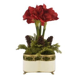 Spectacular four stem red amaryllis in ivory fretwork quatrefoil planter