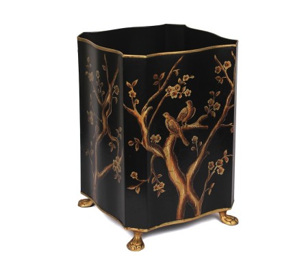 Square Scalloped Black and Gold Chinoiserie Wastepaper Basket