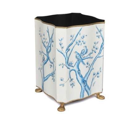 Square Scalloped Ivory and Blue Chinoiserie Wastepaper Basket