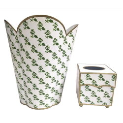 Stunning new scalloped green/white tole wastepaper basket and tissue box