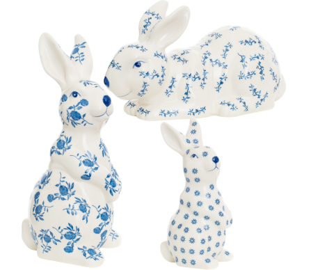 Stunning 2022 set of three porcelain bunnies (blue/white)