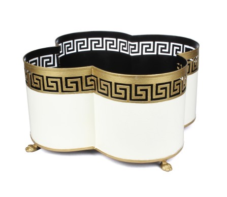 Incredible new Greek key quatrefoil tole planter in ivory/gold