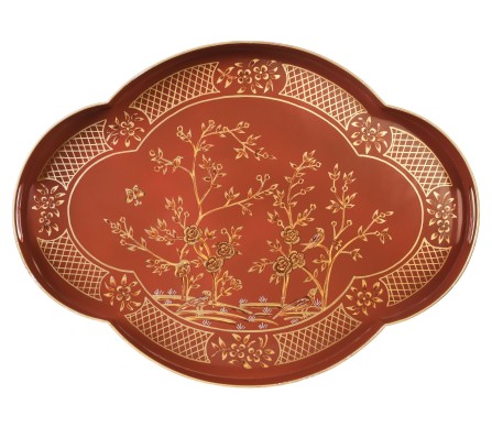 Incredible chinoiserie rusty red/gold scalloped tray