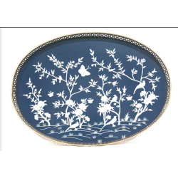 Elegant large navy chinoiserie painted tray with pierced metal border