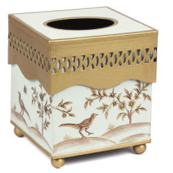 Stunning chinoiserie and pierced metal tissue holder in pale green/gold