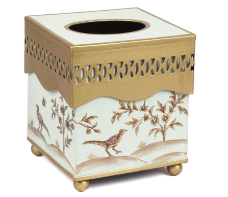 Stunning chinoiserie and pierced metal tissue holder in pale green/gold