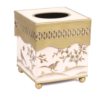 Stunning chinoiserie and pierced metal tissue holder in pale pink/gold