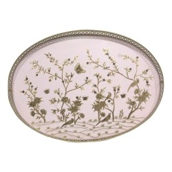 Elegant large pink chinoiserie painted tray with pierced metal border