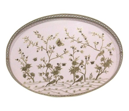 Elegant large pink chinoiserie painted tray with pierced metal border