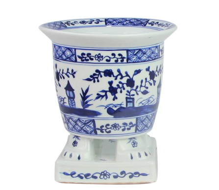 Incredible new footed porcelain chinoiserie planter (darker blue)