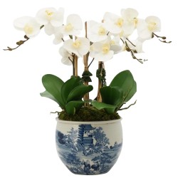 Three Stem White Orchid in Round Figurine Planter