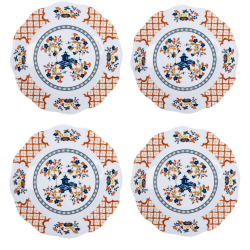 Set of 4 pagoda and floral melamine salad plates (orange and blue)