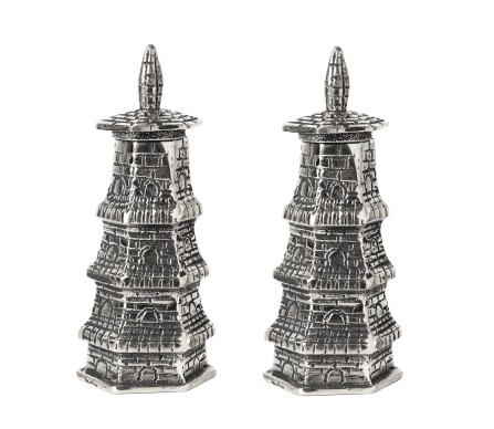 Super chic tall silver pagoda salt and pepper