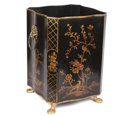 Incredible scalloped chinoiseries wastepaper basket in black/gold