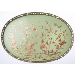 Elegant large celadon chinoiserie painted tray with pierced metal border