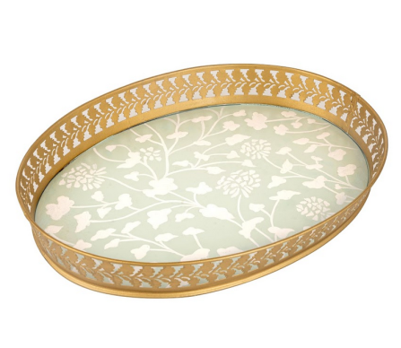 Stunning new pierced handpainted tole tray in pale green/gold