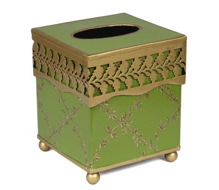 Elegant moss green/gold trellis pierced metal tissue box