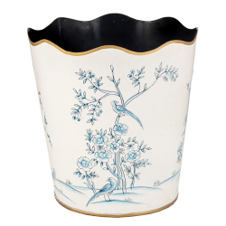 Beautiful ivory/blue round scalloped wastepaper basket