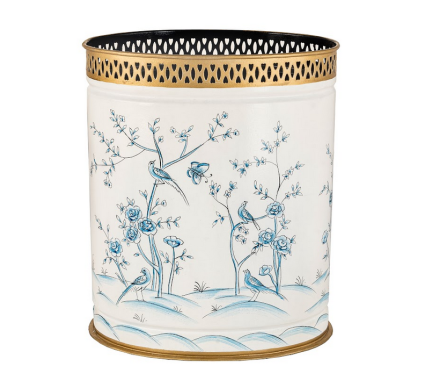 Ivory/blue oval chinoiserie wastepaper basket with pierced border
