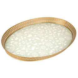 Stunning new large pierced handpainted tole tray in pale green/gold