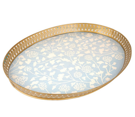 Stunning new large pierced handpainted tole tray in pale blue/gold
