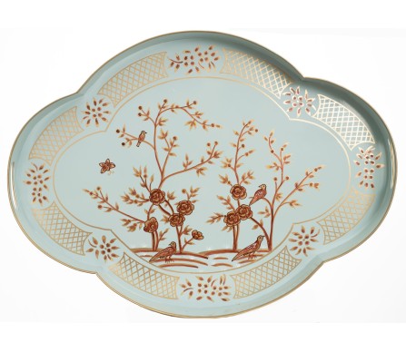 Incredible chinoiserie soft blue/gold scalloped tray