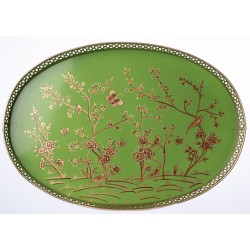 Elegant large mossy green chinoiserie painted tray with pierced metal border