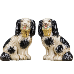 Wonderful new mid sized black and white Staffordshire dogs with flower basket