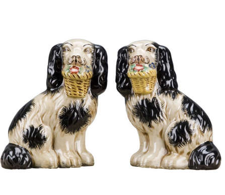 Wonderful new mid sized black and white Staffordshire dogs with flower basket