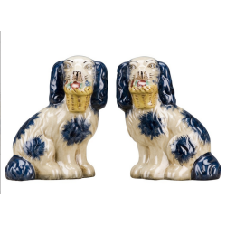 Wonderful new mid sized blue and white Staffordshire dogs with flower basket