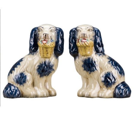 Wonderful new mid sized blue and white Staffordshire dogs with flower basket