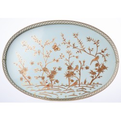 Elegant large pale bluechinoiserie painted tray with pierced metal border